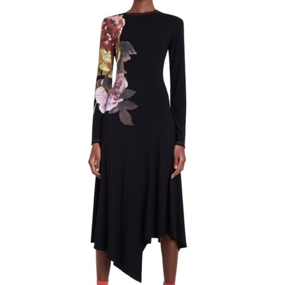 Desigual Black Asymmetrical Long-Sleeve Floral Dress